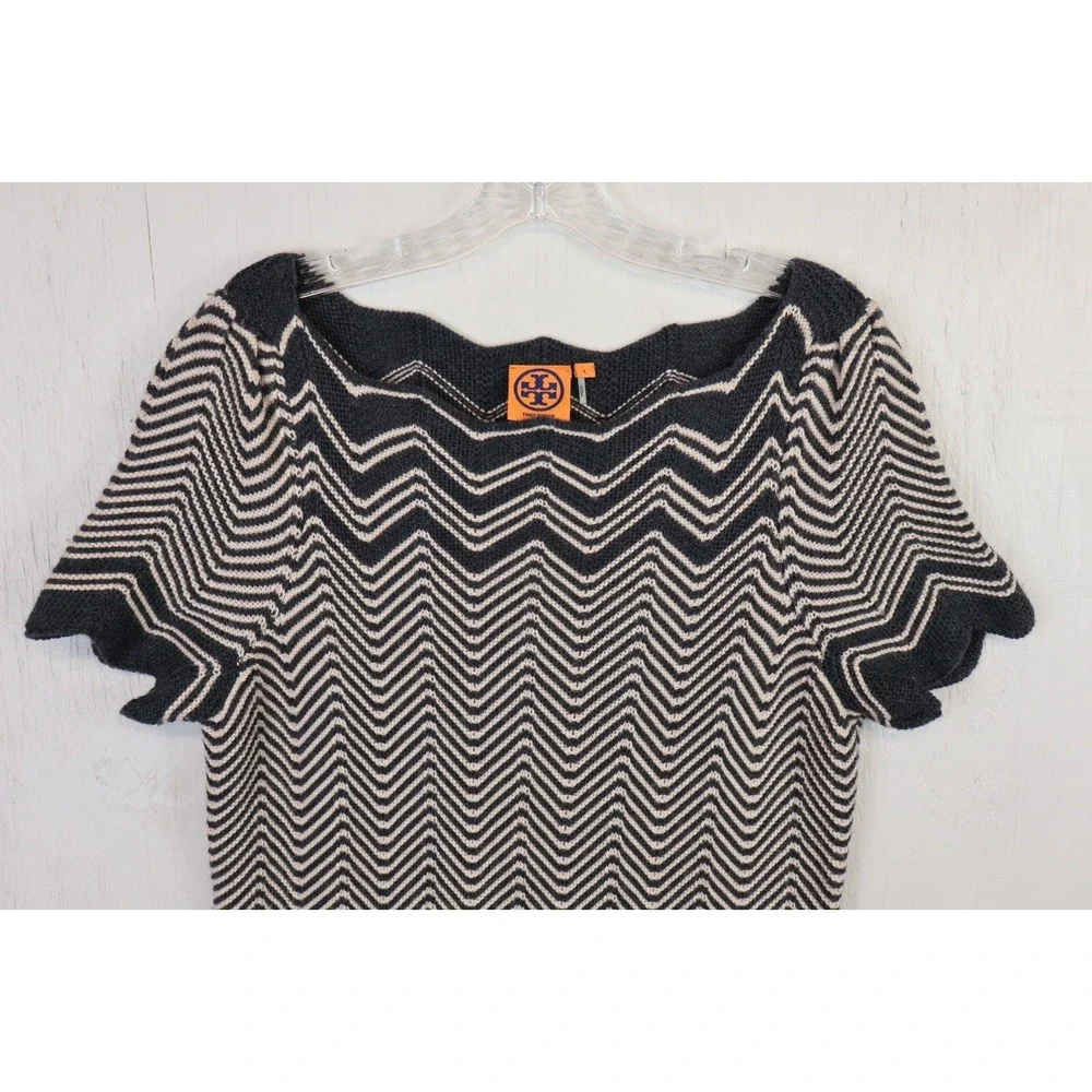 Tory Burch Kent Sweater Dress Chevron Knit Merino Wool Womens Size L Gray